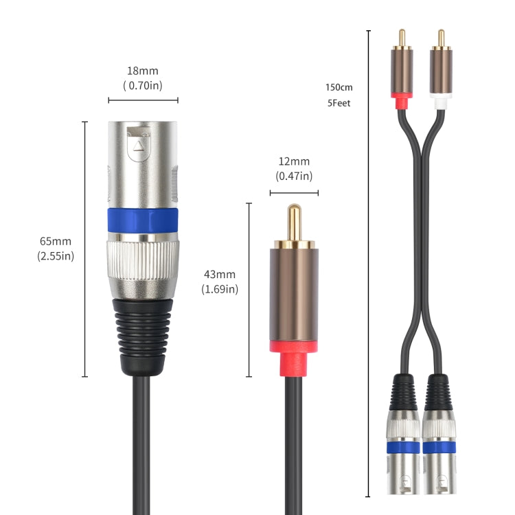 2 RCA Male to 2 XLR 3pin Male Audio Cable, 1.5m, 3m