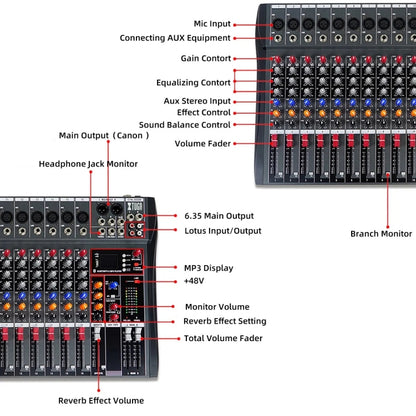 XTUGA CT160X 16-Channels Audio Mixer DJ Mixing Console with 48V Power Supply, CT160X