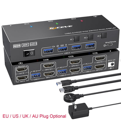KC-KVM302AS 4K 60Hz USB3.0 / HDMI Dual Monitors KVM Switch, US Plug, UK Plug, AU Plug