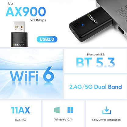 EDUP EP-AX910 900Mbps WiFi 6 Bluetooth 5.3 USB WiFi Adapter Dual-Band Wireless Network Card, EP-AX910