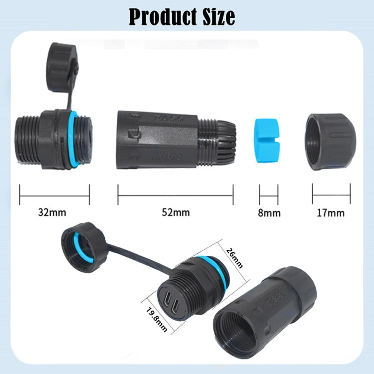 10Gpbs IP68 Waterproof Dual Ports Type-C Female to Female Straight Coupler Adapter With Protective Cover, Dual Ports Type-C Coupler With Protective Cover