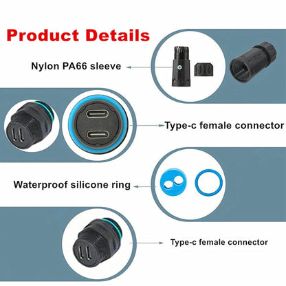 10Gpbs IP68 Waterproof Dual Ports Type-C Female to Female Straight Coupler Adapter With Protective Cover, Dual Ports Type-C Coupler With Protective Cover