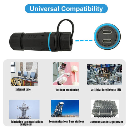10Gpbs IP68 Waterproof Dual Ports Type-C Female to Female Straight Coupler Adapter With Protective Cover, Dual Ports Type-C Coupler With Protective Cover