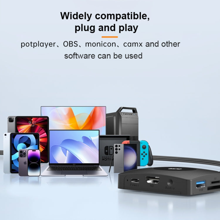 YCE-Z70A Type-C to PD 3.0, USB 3.0x2 + SD/TF, 3.5mm and HD1.4 Docking Station Video Capture Card