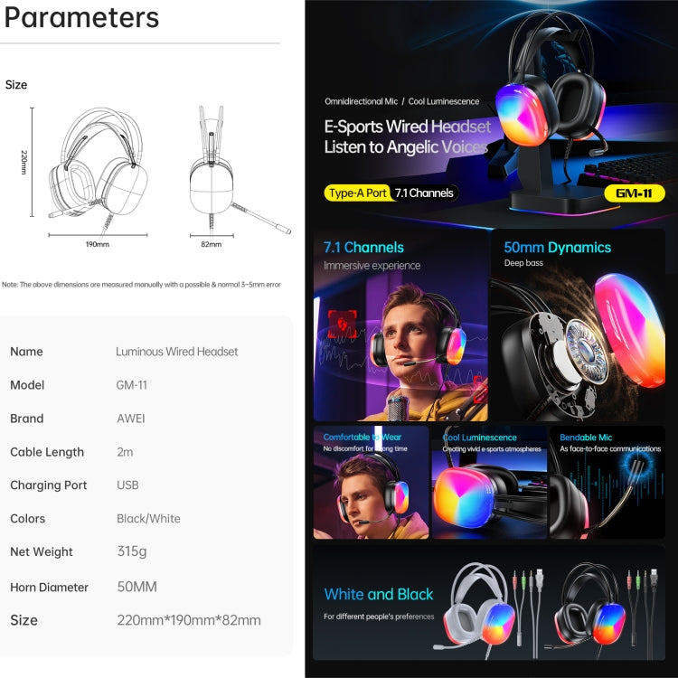 awei GM-11 Luminous Wired Headphones, Cable Length: 2m