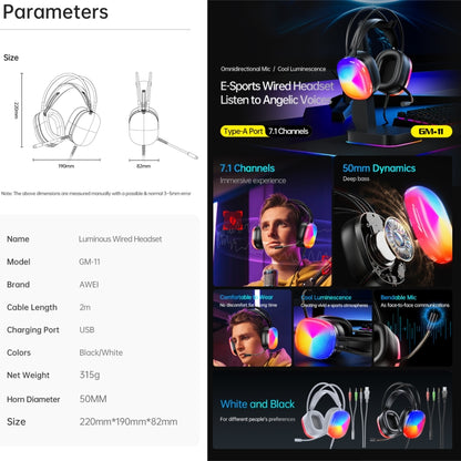 awei GM-11 Luminous Wired Headphones, Cable Length: 2m