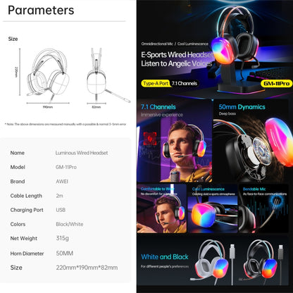 awei GM-11 Pro Luminous Wired Headphones, Cable Length: 2m