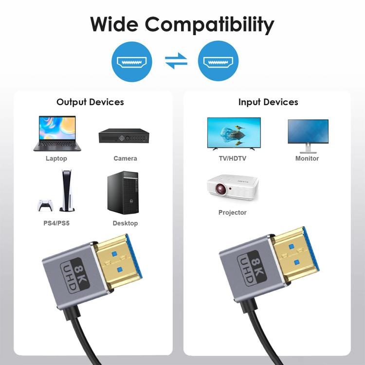 0.7m Coiled Coaxial 8K 48Gbps HDMI 2.1 Cable, Right to Right Elbow, Right to Left Elbow, Left to Left Elbow