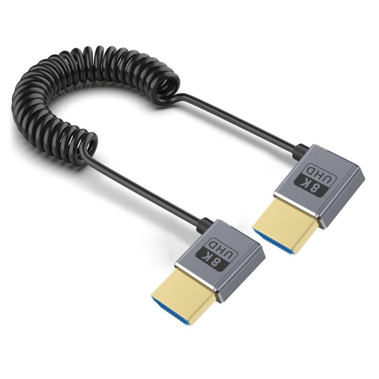 0.7m Coiled Coaxial 8K 48Gbps HDMI 2.1 Cable, Right to Right Elbow, Right to Left Elbow, Left to Left Elbow