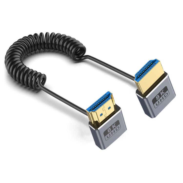 0.7m Coiled Coaxial 8K 48Gbps HDMI 2.1 Cable, Up to Up Elbow, Up to Down Elbow, Down to Down Elbow
