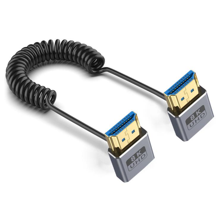 0.7m Coiled Coaxial 8K 48Gbps HDMI 2.1 Cable, Up to Up Elbow, Up to Down Elbow, Down to Down Elbow