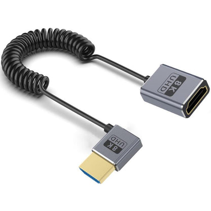 0.7m Coiled Coaxial 8K 48Gbps HDMI 2.1 Cable, Male to Female Up Elbow, Male to Female Down Elbow, Male to Female Right Elbow, Male to Female Straight, Male to Female Left Elbow
