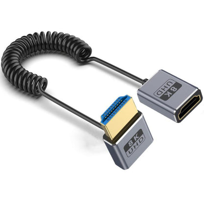 0.7m Coiled Coaxial 8K 48Gbps HDMI 2.1 Cable, Male to Female Up Elbow, Male to Female Down Elbow, Male to Female Right Elbow, Male to Female Straight, Male to Female Left Elbow