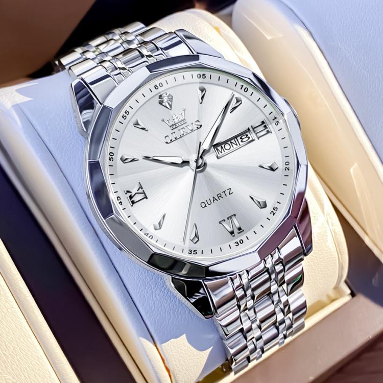 OLEVS 9998 Men Diamond Face Dual Calendar Waterproof Quartz Watch