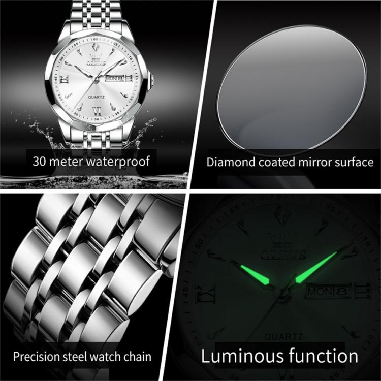 OLEVS 9998 Men Diamond Face Dual Calendar Waterproof Quartz Watch