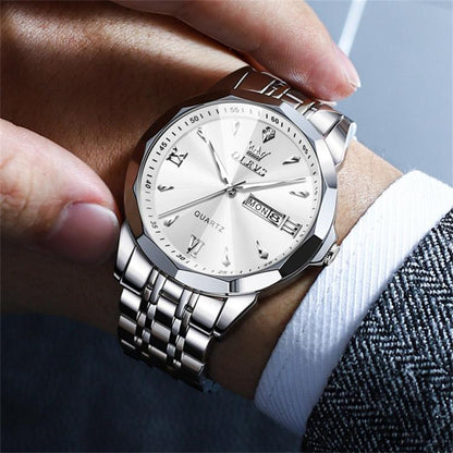 OLEVS 9998 Men Diamond Face Dual Calendar Waterproof Quartz Watch