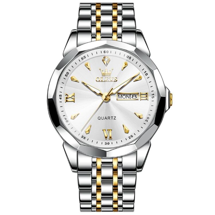 OLEVS 9998 Men Diamond Face Dual Calendar Waterproof Quartz Watch