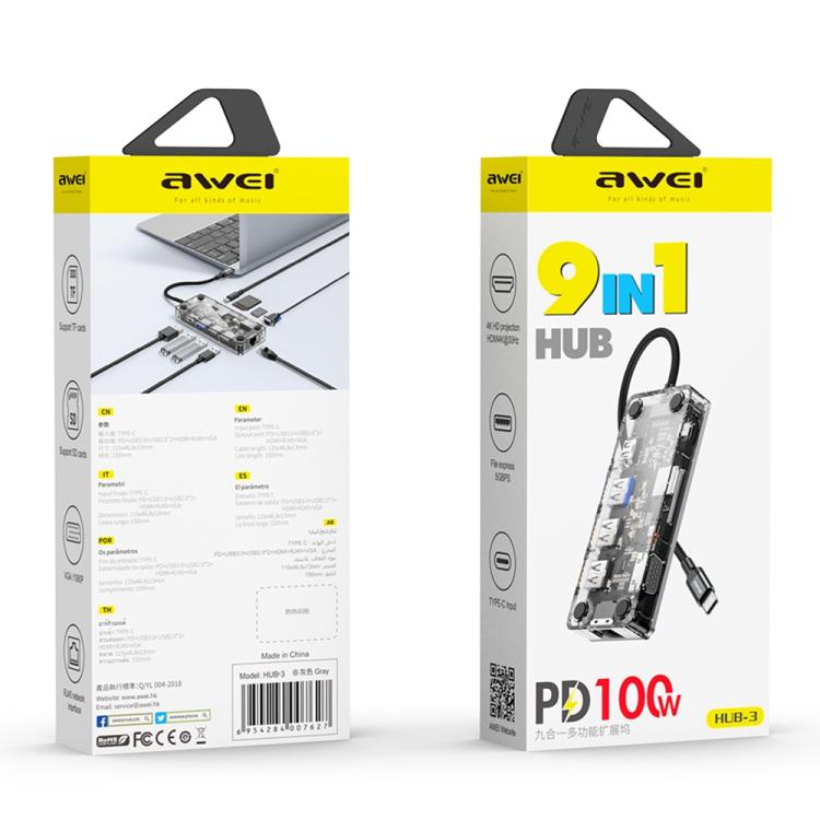 awei HUB-3 Multi-function 9 in 1 Type-C HUB Adapter, HUB-3
