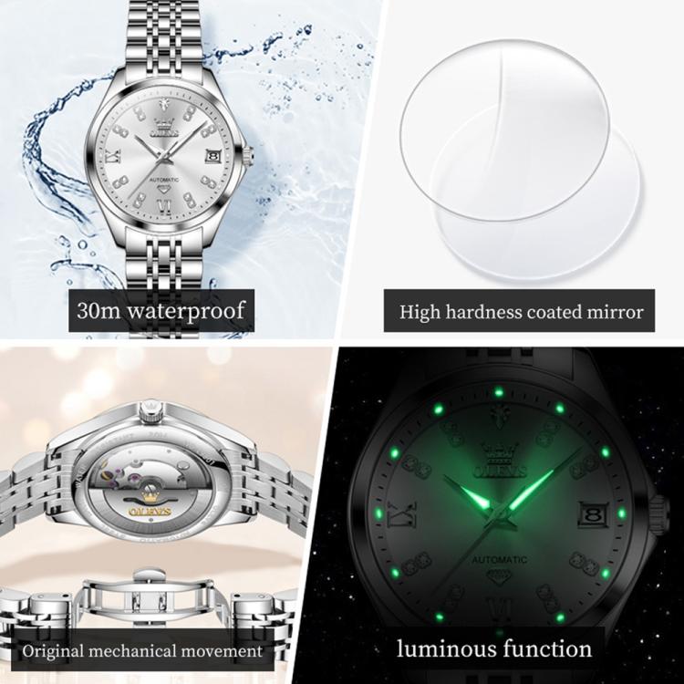 OLEVS 9801 Women Diamond Waterproof Single Calendar Mechanical Watch