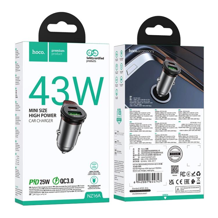 hoco NZ16A Rigorous PD25W and QC3.0 Dual Port Car Charger, PD25W+QC3.0