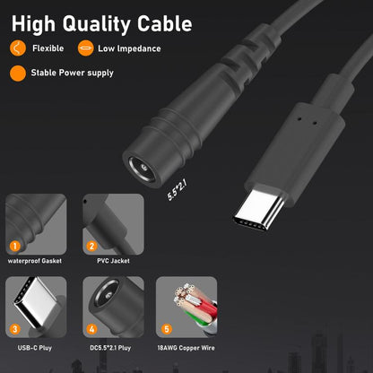 Type-C to DC 5.5x2.1mm 100W Computer Charging Adapter, 0.5m, 2m, 3m, 5m, 10m