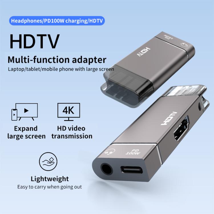 USB-C / Type-C to HDTV, 3.5mm, PD 100W 3 in 1 Multi-function Converter Docking Station, Type-C to HDTV+3.5mm+PD