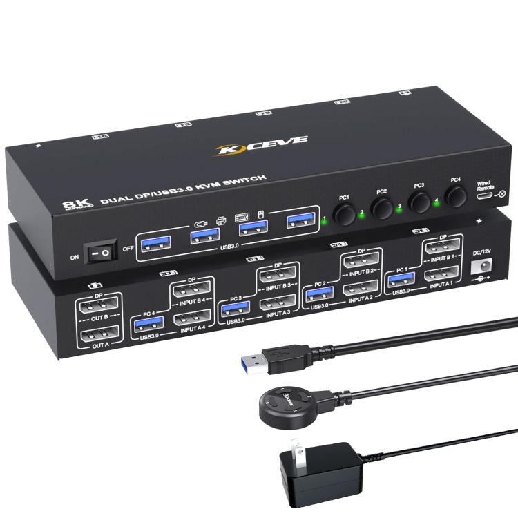 KC-KVM402DP 8K 30Hz 4 Input 2 Output DP / USB3.0 Dual Monitor KVM Switch, US Plug, EU Plug, UK Plug, AU Plug
