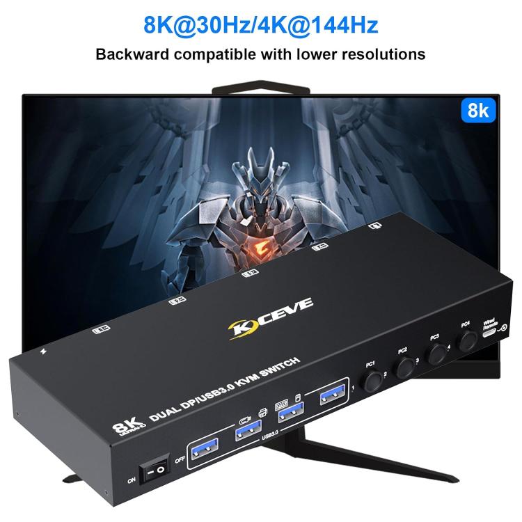 KC-KVM402DP 8K 30Hz 4 Input 2 Output DP / USB3.0 Dual Monitor KVM Switch, US Plug, EU Plug, UK Plug, AU Plug