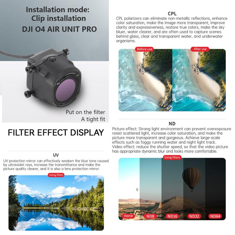 For DJI O4 Air Unit Pro / Avata 2 JSR YB Series Camera Lens Filter, MCUV, CPL, ND8, ND16, ND32, ND64, ND256, ND8PL, ND16PL, ND32PL, ND64PL, NIGHT, STAR, MCUV x 2, MCUV x 3, 3 in 1 CPL ND8/16, 4 in 1 ND, 4 in 1 NDPL, 6 in 1 ND8-64 UV CPL
