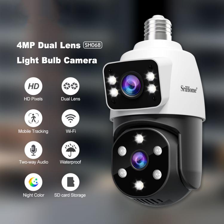 SriHome SH068 E27 4MP HD Dual Lens Light Bulb Camera Outdoor IP66 Waterproof, SH068