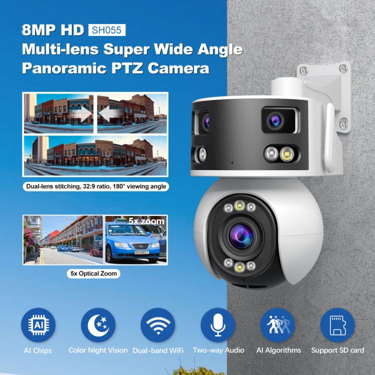 SriHome SH055 8MP HD Multi-lens 5X Optical Zoom Lens Panoramic PTZ Dome Camera, SH055