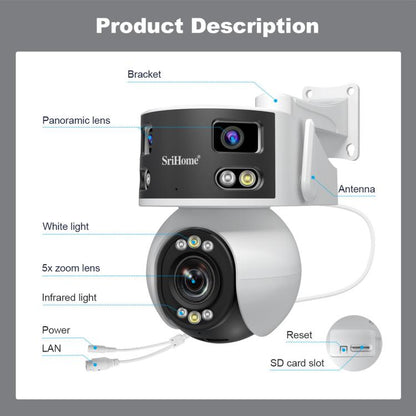 SriHome SH055 8MP HD Multi-lens 5X Optical Zoom Lens Panoramic PTZ Dome Camera, SH055