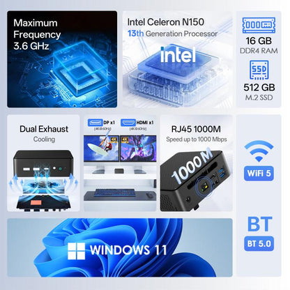 GXMO N15 Windows 11 Mini PC, Intel ADL-N N150 4-Core Processor, 16GB+512GB