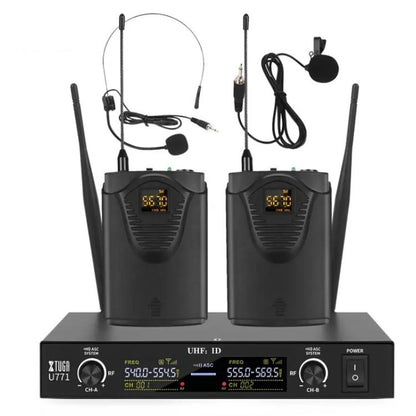 XTUGA U-771 UHF Lapel Two Way Radio Wireless Microphone, 2 Microphone + Host, 2 BodyPacks + Host, 1 Mic + 1 BodyPacks + Host