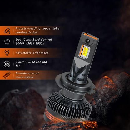 2pcs/Pack 60W 8000LM 6000K Three Color Remote Control Car LED Headlight Bulb, H7