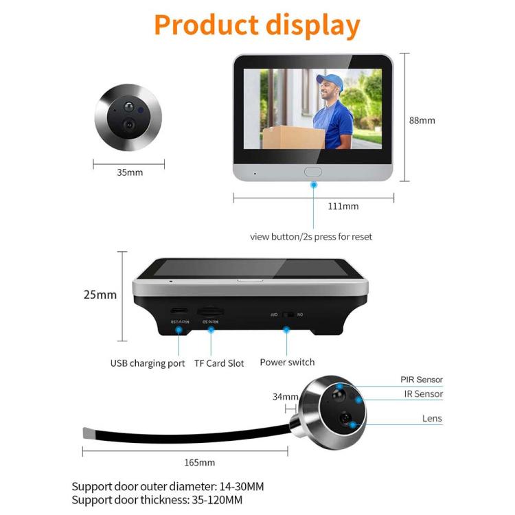 ESCAM C88 4.3 inch 1080P PIR Digital Door Viewer WiFi Video Doorbell Support Night Vision, Two-way Audio, C88