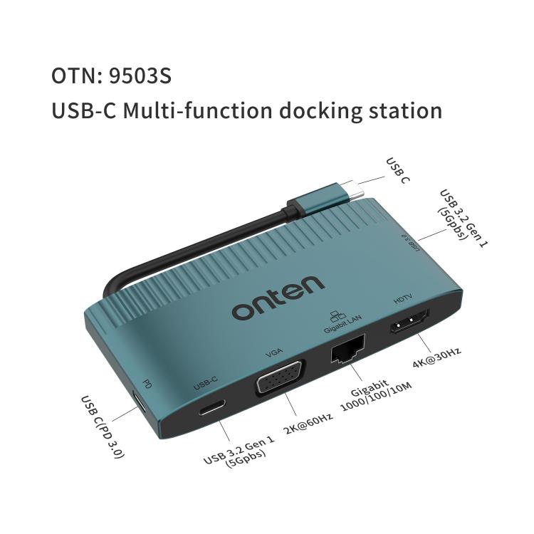 Onten 6 in 1 USB-C Multi-function Docking Station, HDTV+VGA+RJ45 Gigabit +USB-C Data +USB-C PD 3.0+USB 3.0, 9503S