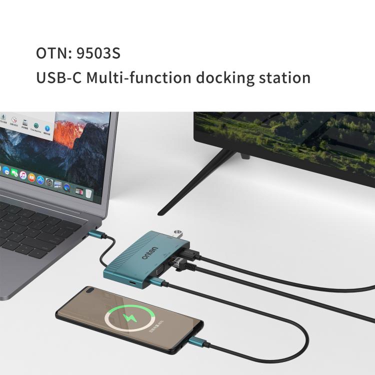 Onten 6 in 1 USB-C Multi-function Docking Station, HDTV+VGA+RJ45 Gigabit +USB-C Data +USB-C PD 3.0+USB 3.0, 9503S