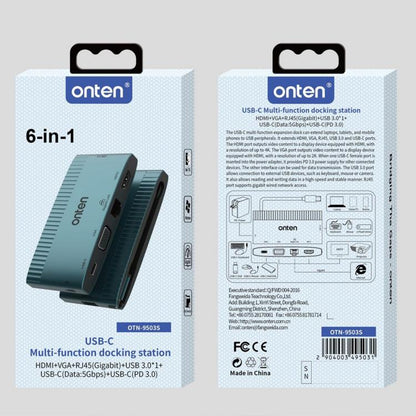 Onten 6 in 1 USB-C Multi-function Docking Station, HDTV+VGA+RJ45 Gigabit +USB-C Data +USB-C PD 3.0+USB 3.0, 9503S