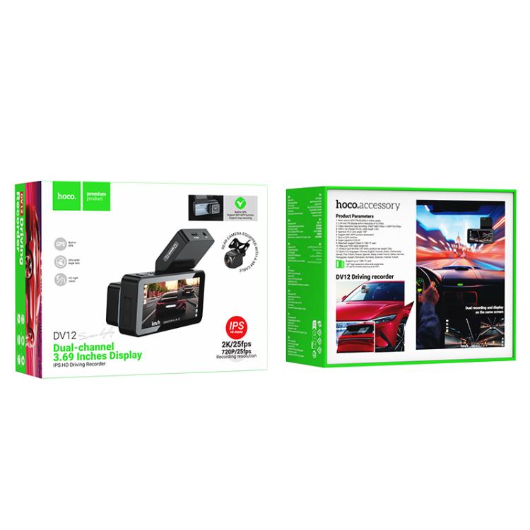 hoco DV12 2K 3.69 inch IPS Screen Display GPS Driving Recorder with Rear Camera, DV12