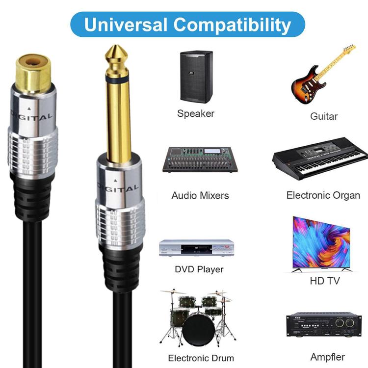 6.35mm Mono Plug Male to RCA Female Audio Adapter Cable for Ampfler, Speaker, Guitar, 0.3m, 1.8m, 3m