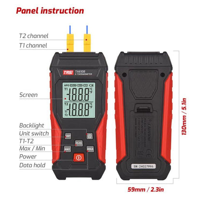TRSI TA616B Industrial Handheld K-Type Thermocouple Thermometer, Dual Channel, Basic Version, TA616B