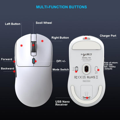 HXSJ T68 3 Modes Wired 2.4G BT5.1 Wireless Lightweight Gaming Mouse, T68