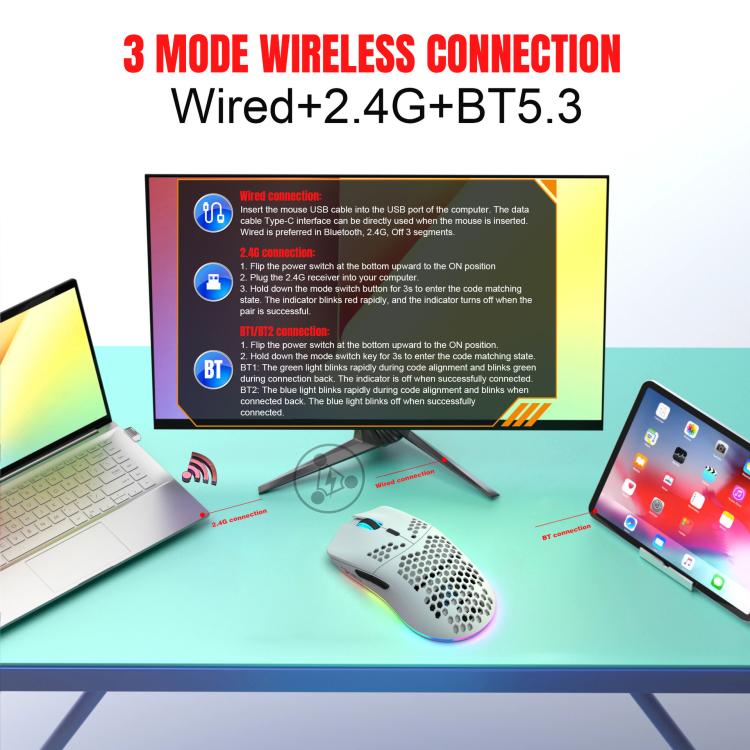 HXSJ T66 3 Modes Wired 2.4G BT5.3 Wireless RGB Rechargeable Mouse, T66