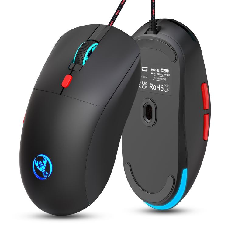HXSJ X200 3600DPI Colorful Luminous Wired Mouse, Cable Length: 1.5m, X200 Black, X200 White
