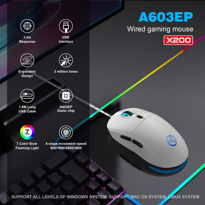HXSJ X200 3600DPI Colorful Luminous Wired Mouse, Cable Length: 1.5m, X200 Black, X200 White
