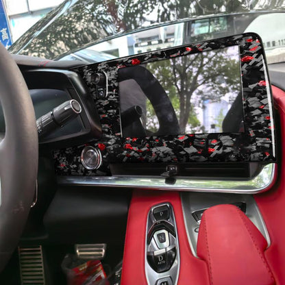 Forged Gold Foil Carbon Fiber Car Central Control Screen Frame Decorative Sticker for Chevrolet Corvette C8 2020-, Left Driver, Central Control Screen Frame, Left Driver