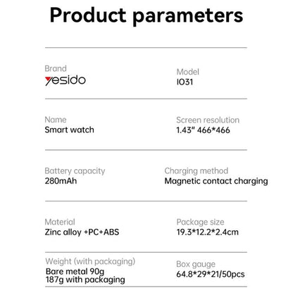 Yesido IO31 1.43 inch AMOLED Screen Smart Watch Support BT Call / Heart Rate, IO31