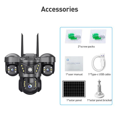 VTS29 6MP Multi-lens Panoramic Solar Surveillance PTZ Dome Camera, Southeast Asia WiFi, Southeast Asia 4G, European 4G