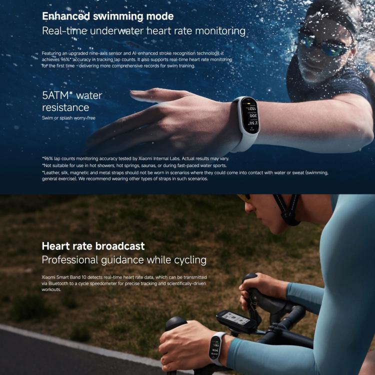 Original Xiaomi Smart Band 10, 1.72 inch AMOLED Screen 5ATM Waterproof Smart Watch, Support Blood Oxygen / Heart Rate Monitor, Smart Band 10 Black, Smart Band 10 Silver